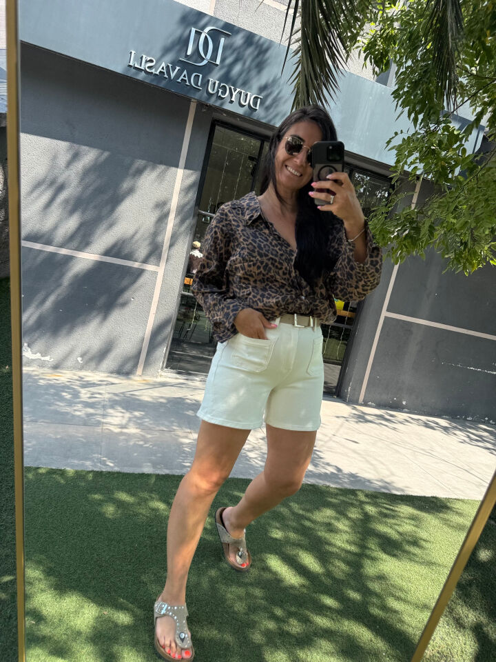 Leopar Desen Tensel Kumaş Düşük Omuzlu Oversize Gömlek
