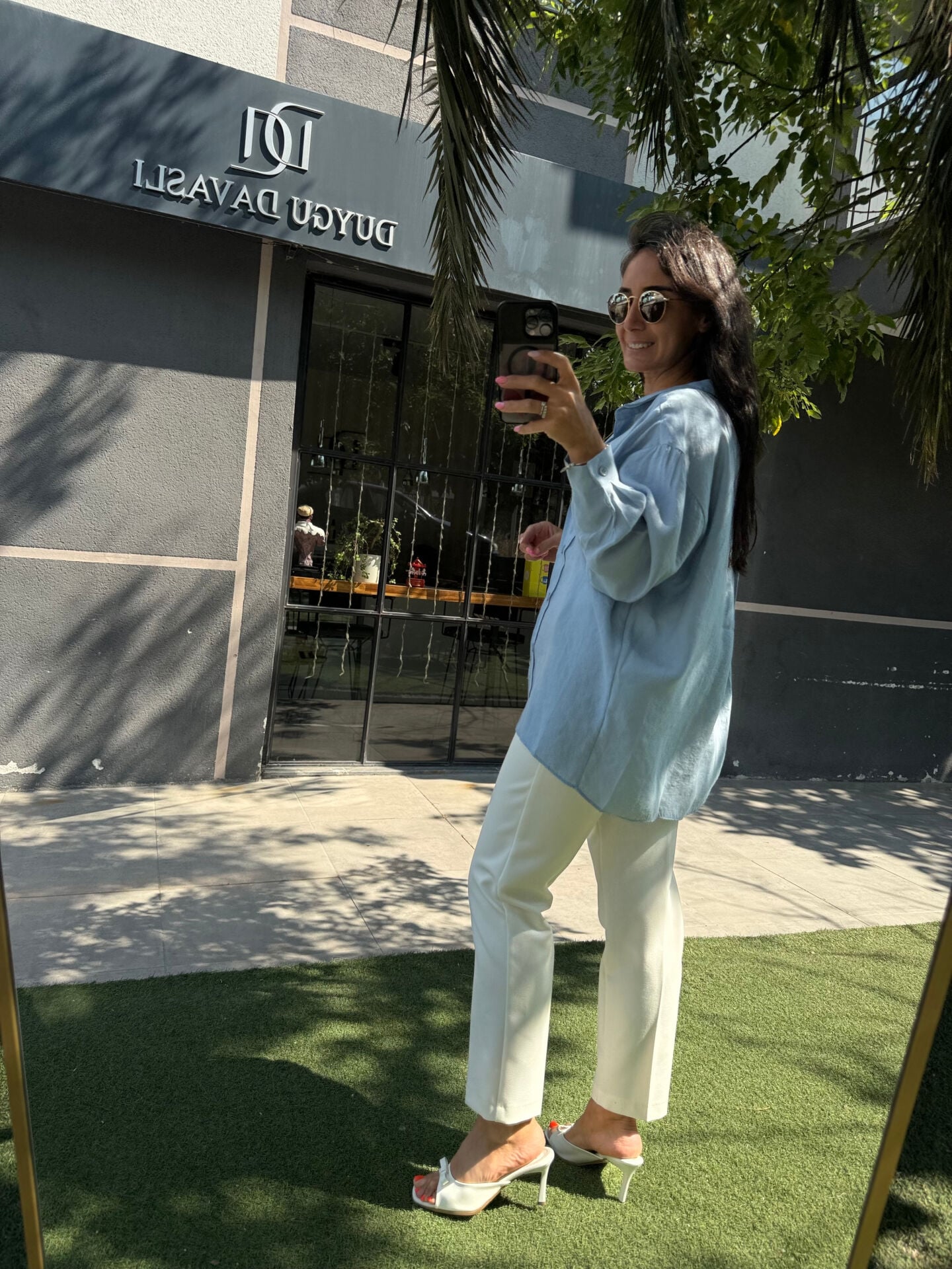 Bebe Mavi Tensel Kumaş Düşük Omuzlu Oversize Gömlek