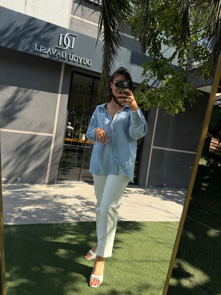 Bebe Mavi Tensel Kumaş Düşük Omuzlu Oversize Gömlek